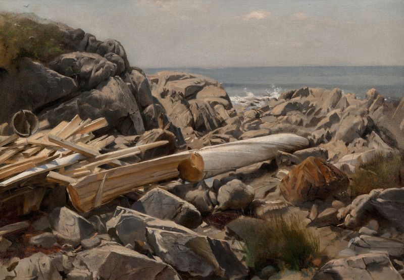 Rocky beach with waves and light, oil painting by Samuel Colman