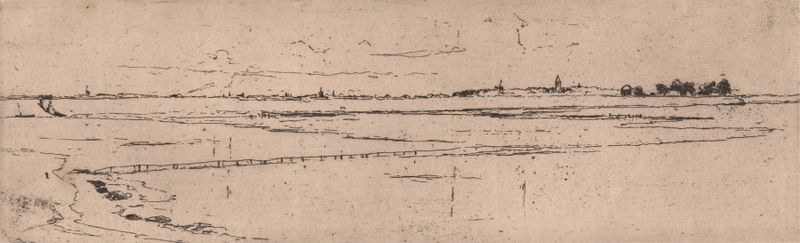 Paisaje que representa Monnikendam a distancia, grabado de Sir Frank Short
