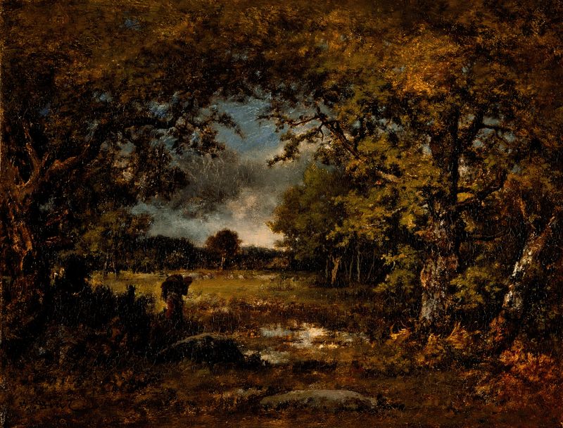 Landscape by Narcisse-Virgile Diaz de La Peña, oil on canvas showing serene greens and blues.