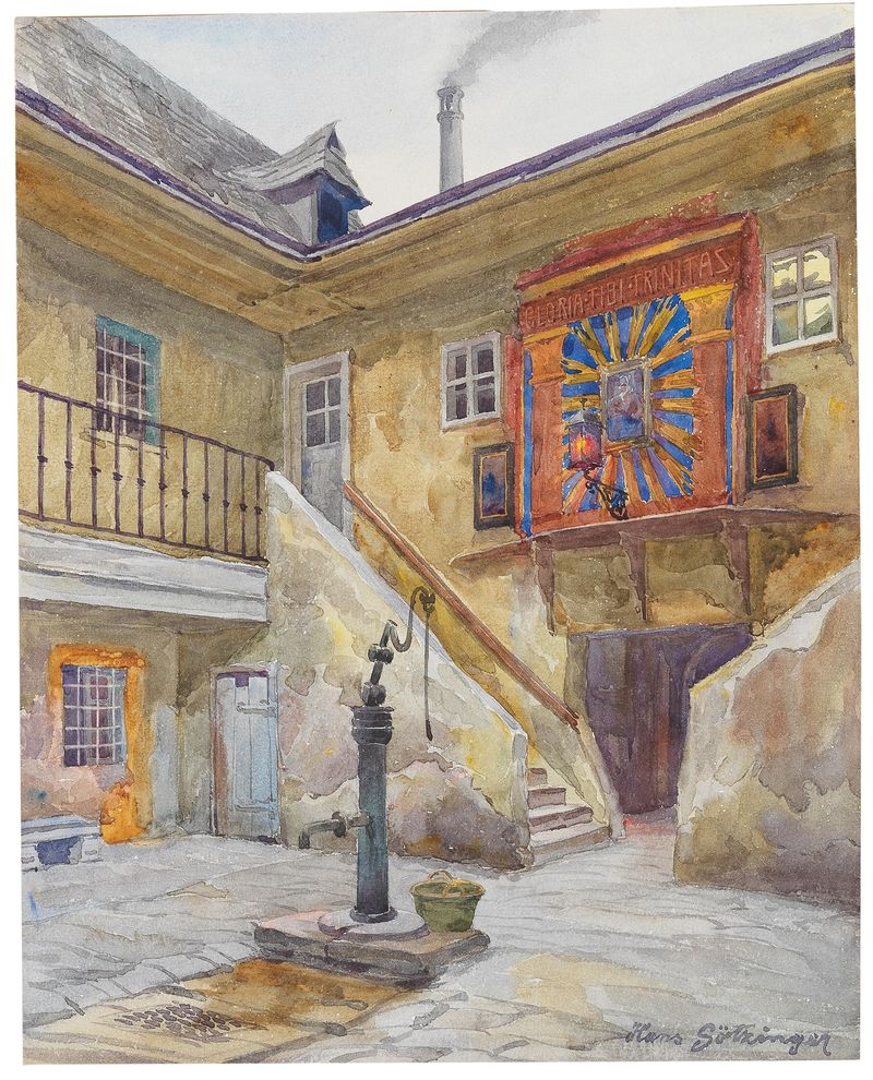 Interior scene with archway and doorway by Hans Götzinger, oil painting