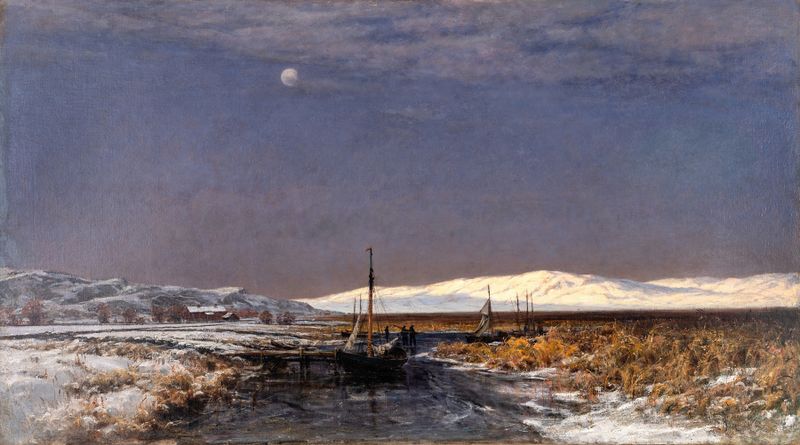 November Evening at Hisingsvassen by Berndt Lindholm, oil painting depicting a tranquil lake at twilight.
