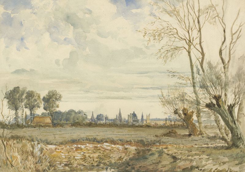 Paisaje de prados y colinas distantes con las agujas de Oxford, pintura al óleo de Thomas Shotter Boys