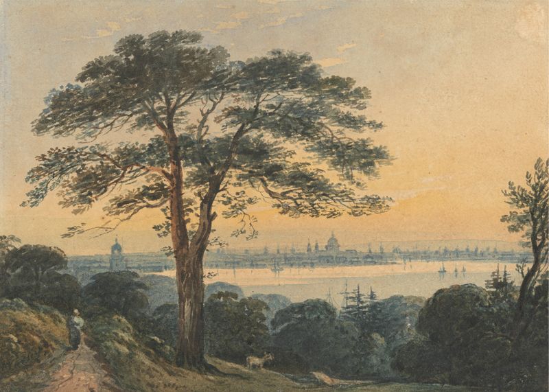 Paisaje del río Támesis con reflejos, pintura al óleo de John Varley