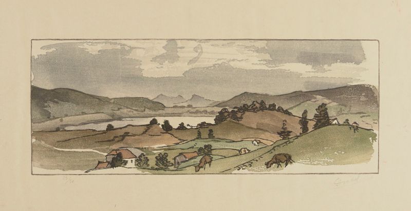 Landscape of Le lac des Rousses by Jules Chadel, depicting turquoise waters and lush greenery.