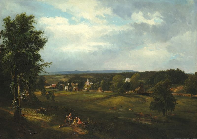 Village scene near Albany, New York by James McDougal Hart, oil painting.