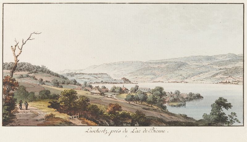 Acuarela de Johann Ludwig Aberli que representa un paisaje sereno cerca del Lago de Bienne.