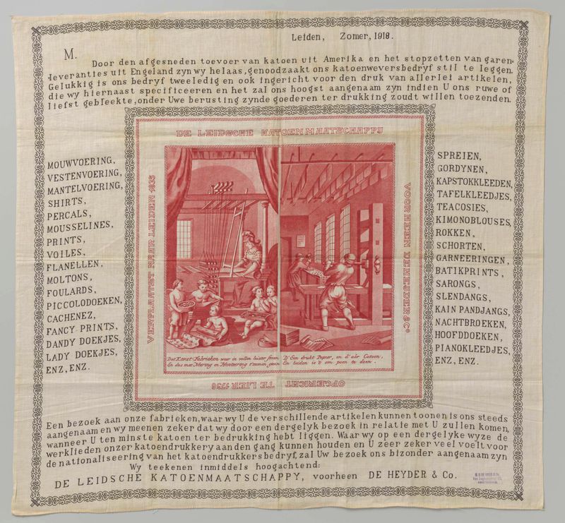 Obra textil 'Doek van katoen' de De Leidsche Katoenmaatschappy, mostrando patrones de tela intrincados.
