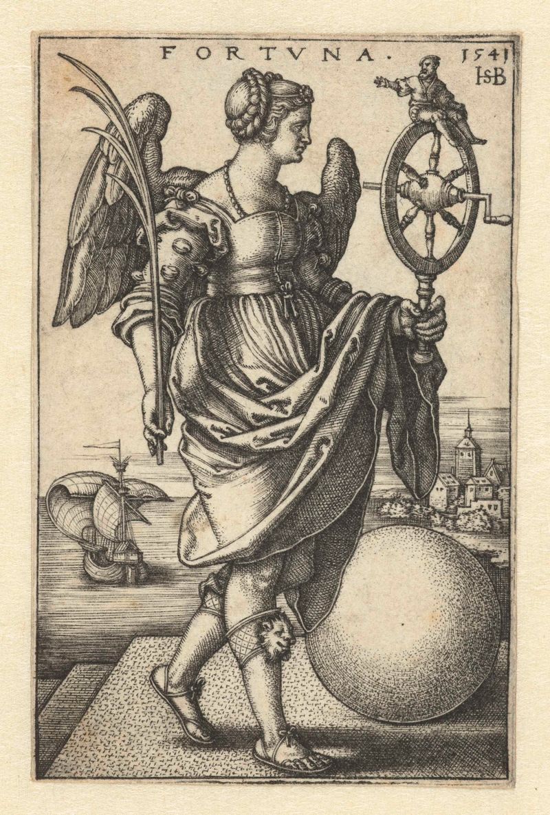 Fortuna engraving by Hans Sebald Beham depicting a radiant figure in light and shadow.