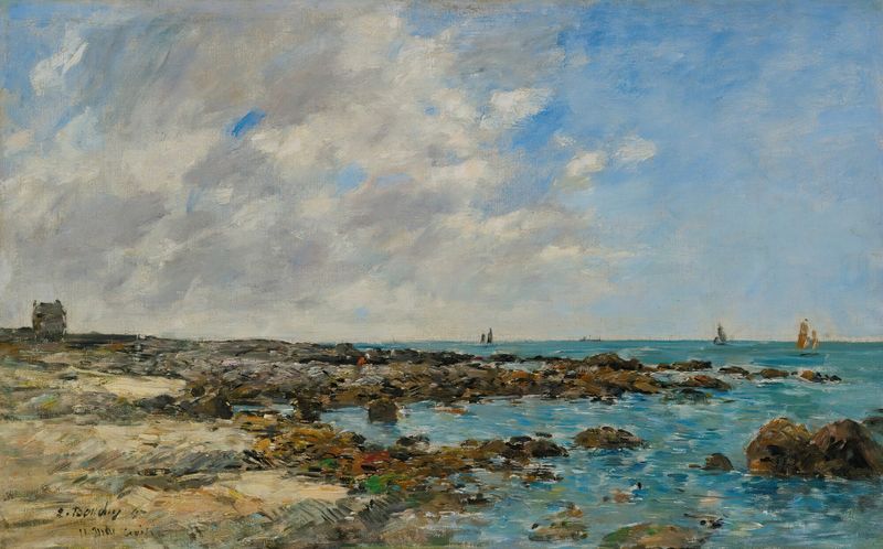 Le Croisic. Bord De Mer de Eugène Boudin, óleo sobre lienzo que muestra aguas tranquilas y un cielo pastel.