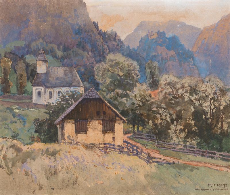 Oil painting by Fritz Lach depicting a church and shed in the Gesäuse mountains