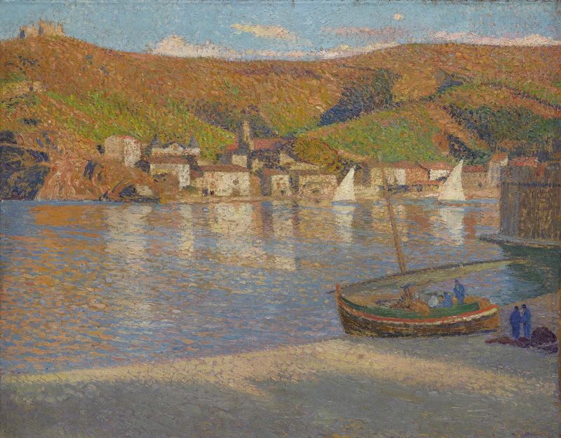 Cinq pécheurs et leur barque échouée sur la grève à Collioure de Henri Martin, óleo