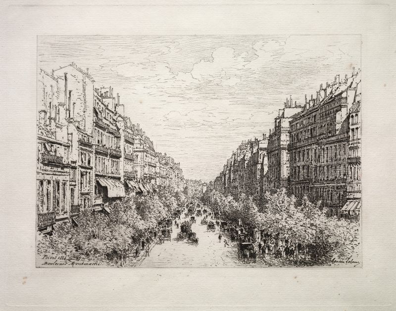 Boulevard Montmartre by Maxime Lalanne, oil painting depicting figures on a boulevard