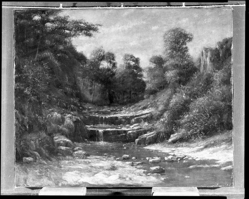 Agua caída en Franche-Comté de Cherubino Pata, óleo sobre lienzo que representa una cascada sobre rocas.
