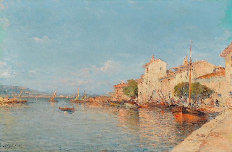 View of a harbor in summer by Henry Malfroy, oil painting