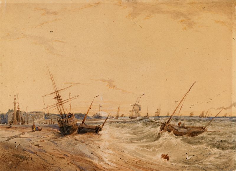 Calais Harbour by François Louis Thomas Francia, oil on canvas, depicting boats on water at sunrise