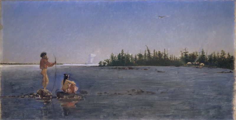 Paisaje fluvial con indios americanos pescando, pintura al óleo de Frank Buchser