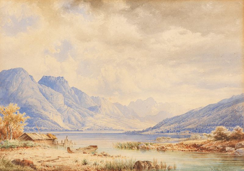 Bergsee mit Bootshaus de Anton Doll, óleo sobre lienzo que representa un lago tranquilo con un bote al amanecer.