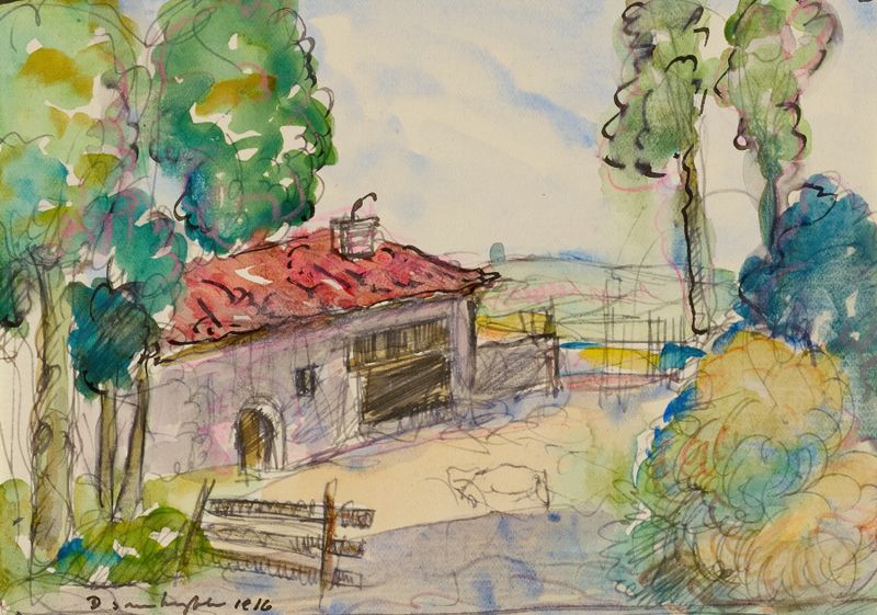 Escena de granja con luz moteada, de Donald Shaw MacLaughlan, medio desconocido