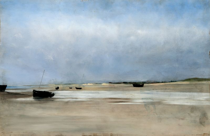 Shore with Boats by August Hagborg, impressionism, depicting boats near the shore in earthy tones.