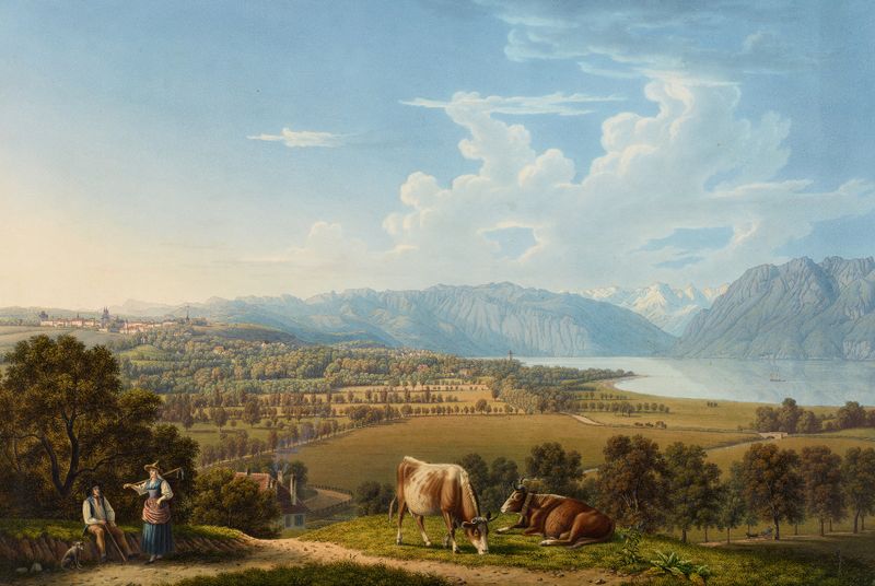 Paisaje al atardecer con montañas de Johann Jakob Biedermann, medio desconocido.