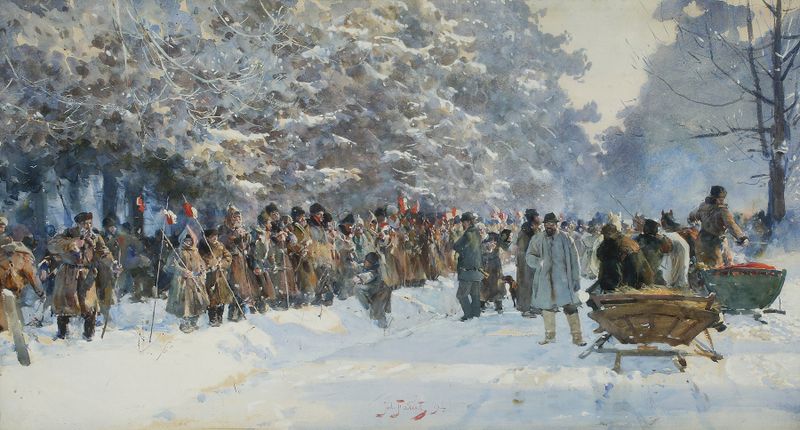 Battue – a hunt in Staszów by Julian Falat, realism, depicting hunters in a forest
