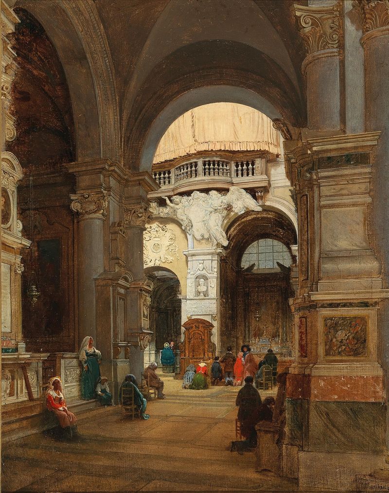 Interior de la Iglesia de Santa María del Popolo con galería de órgano, pintura al óleo de Luigi Marchesi