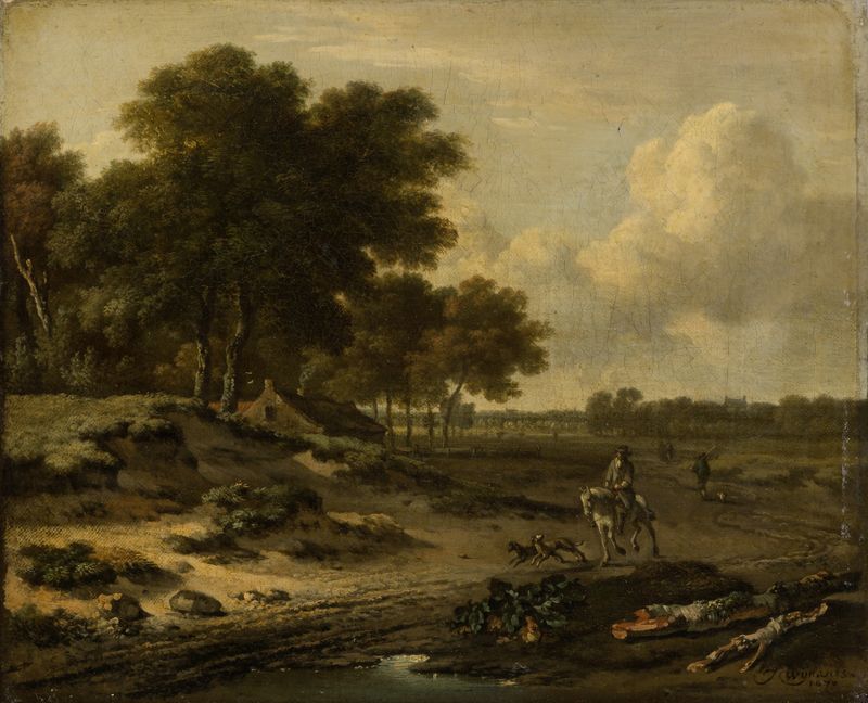 Landscape with Rider by Jan Wijnants, oil painting depicting a rider in a verdant field.