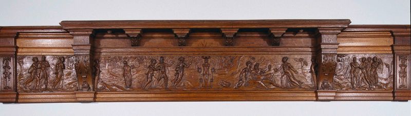 Wood relief by Unknown Artist featuring wings and mythological scenes.