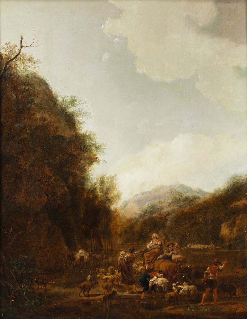 Landschaft mit Hirten und Vieh de Johann Christian Klenge, óleo sobre tela que retrata pastores e gado em uma paisagem exu...
