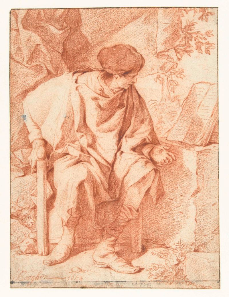 Landschap met een lezende man by Leendert van der Cooghen, paper medium, depicting a man reading in nature.
