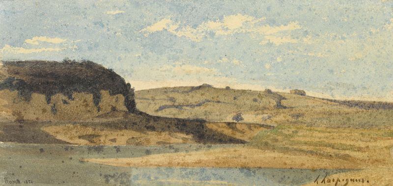 Vue de la campagne romaine, pintura al óleo de Henri-Joseph Harpignies que representa un paisaje campestre sereno.
