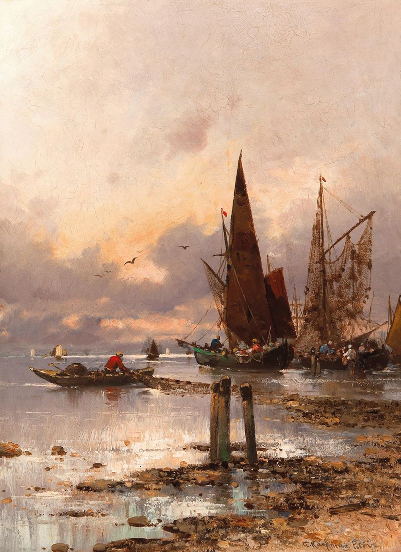Oil painting by Adolf Kaufmann depicting a sunset over the sea with warm and cool hues.