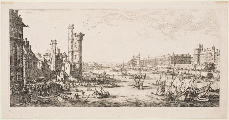 Engraving by Jacques Callot depicting the Louvre with light and shadows