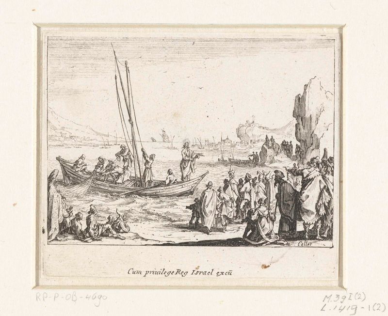Grabado de Jacques Callot que representa a pescadores en el mar con olas y luz contrastante