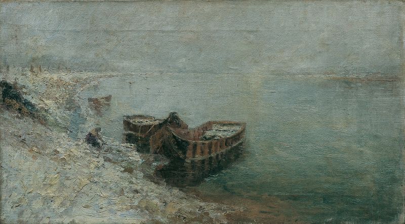 Fishing boats on the Danube riverbank, oil painting by Emilie Mediz-Pelik