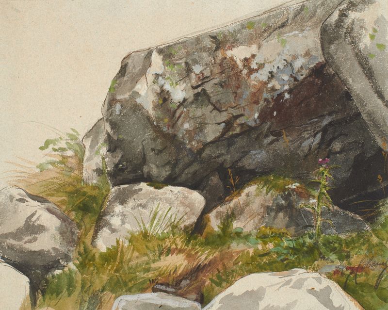 Rocky Landscape de Alexandre Cabanel, pintura a óleo que retrata montanhas acidentadas e natureza serena.