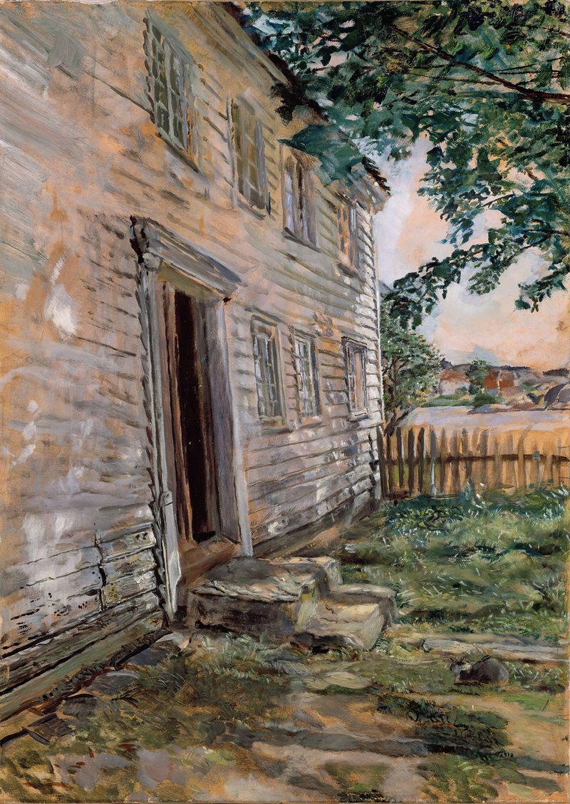 Old house at Brekkestø de Christian Krohg, óleo sobre lienzo que muestra una casa antigua en la naturaleza.