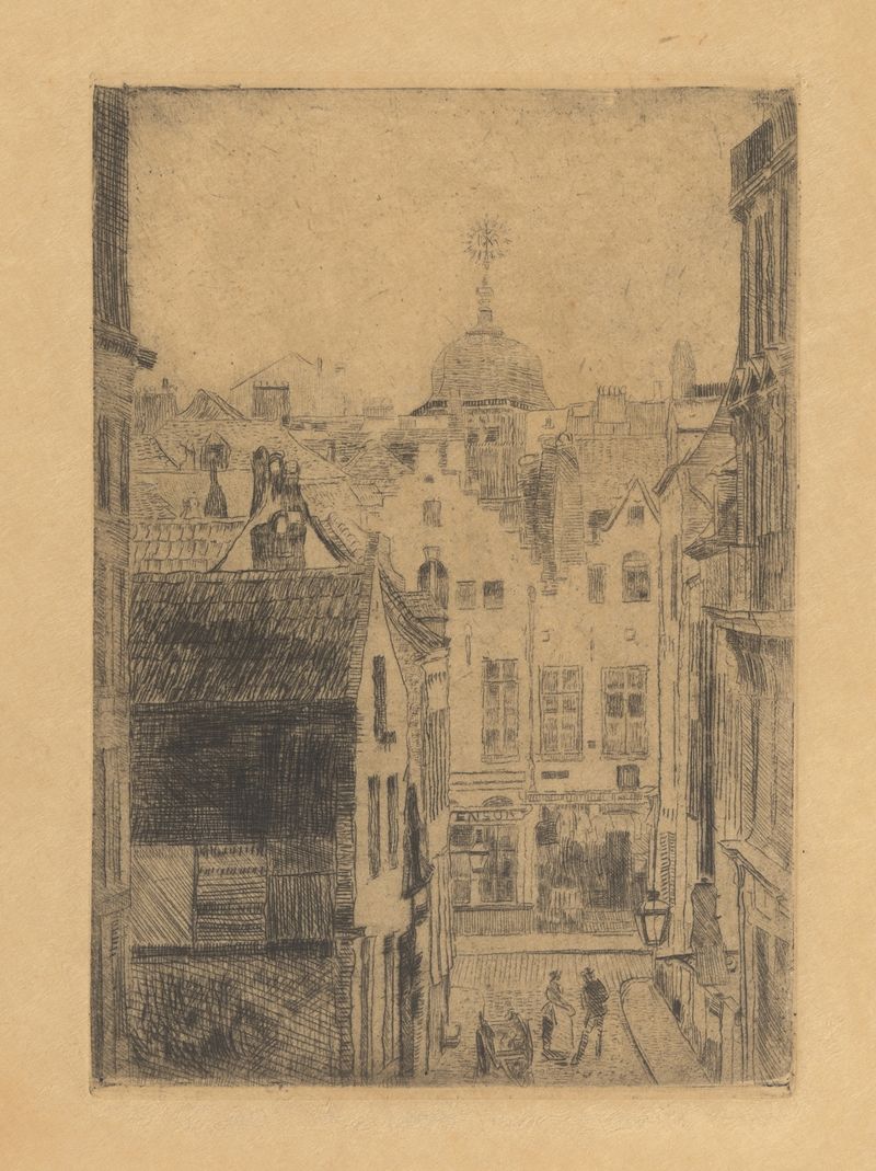 Rue du Bon Secours, óleo sobre lienzo de James Ensor, con figuras sombrías en una calle estrecha.