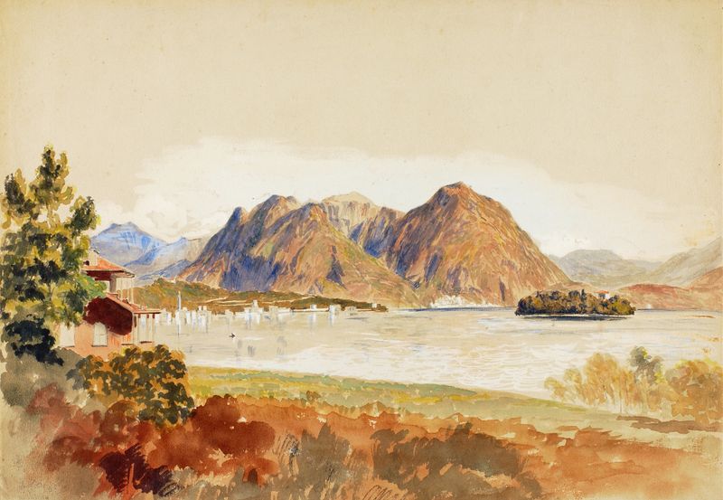 Lago Maggiore, Italy, oil on canvas by Miner Kilbourne Kellogg, featuring a tranquil lake and mountains.