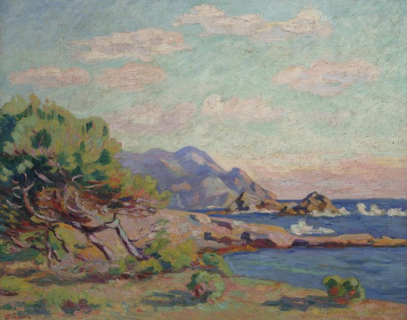Paisagem costeira com ondas e céu, óleo sobre tela de Armand Guillaumin