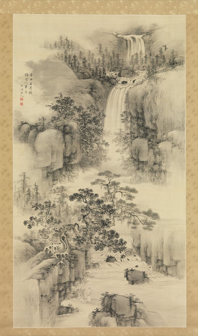 Landscape with Waterfall by Nakabayashi Chikutō, ink on paper, depicting a waterfall and lush greenery.
