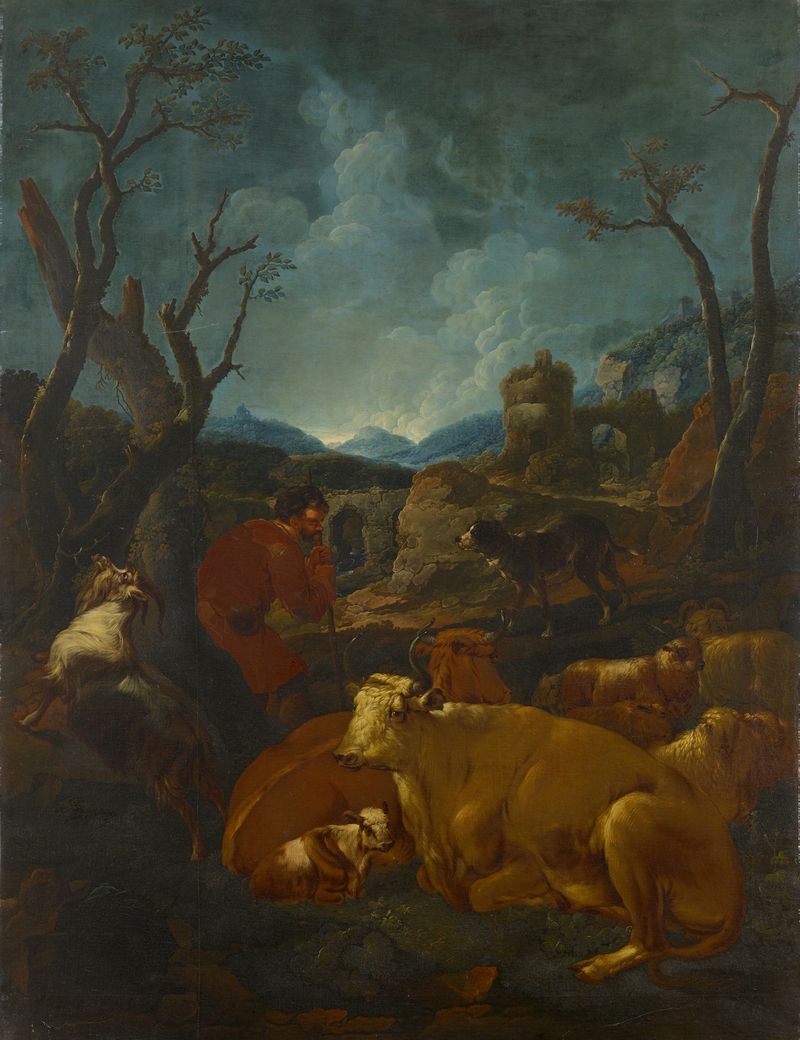 Pastor e rebanho em um vale rochoso, óleo sobre tela de Johann Melchior Roos