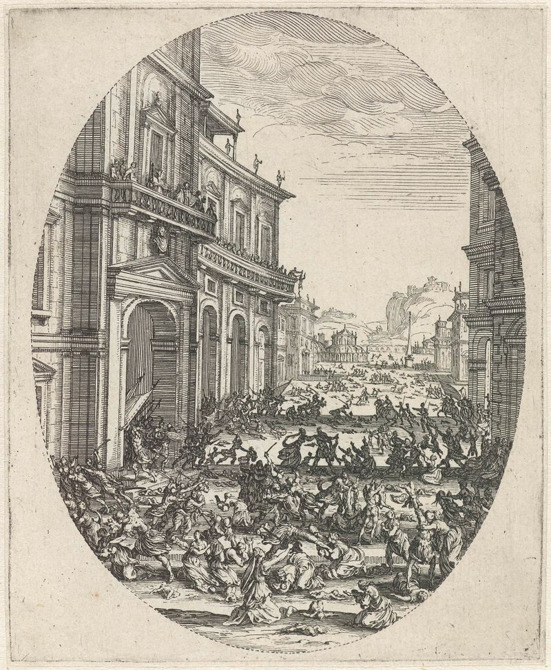 De kindermoord etching by Jacques Callot depicting sorrowful children in a dark scene