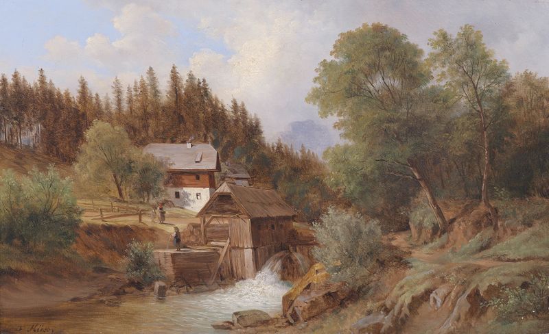 Sägemühle in Salzburg de Ferdinand Küss, óleo de un molino junto al río.