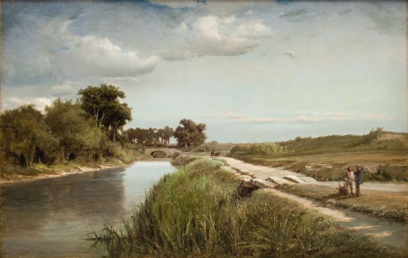 Paisagem com um rio e uma ponte, pintura a óleo de Anton Melbye