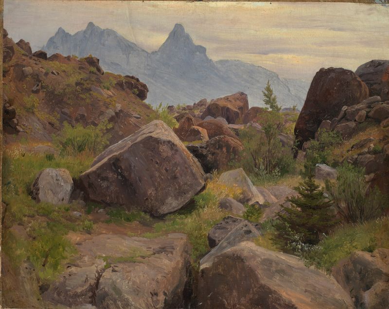 Paisaje con montañas y sombras, pintura al óleo de Johann Wilhelm Schirmer