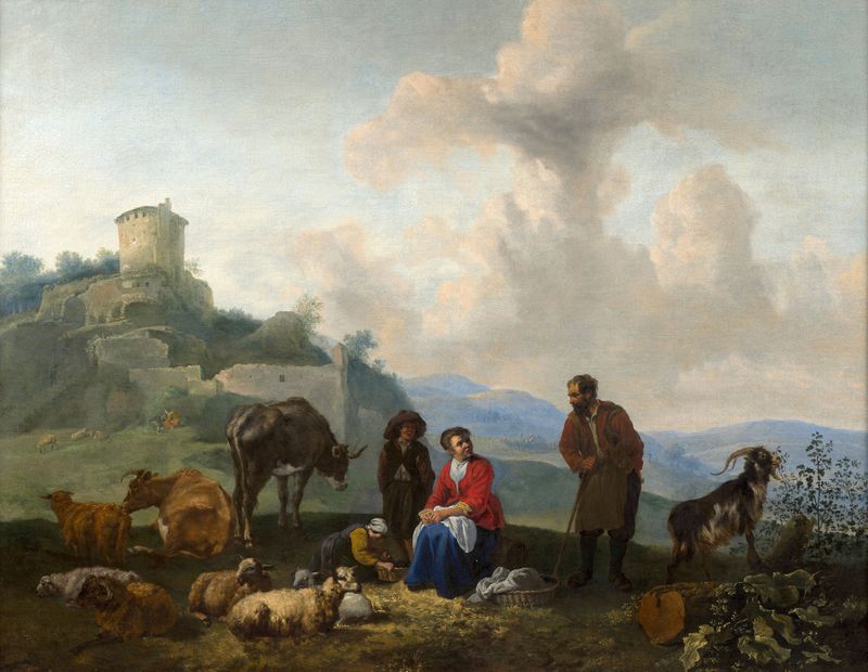 Oil on canvas by Hendrick Mommers depicting shepherds near ruins and a river.