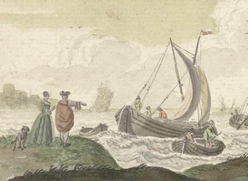 Marine scene with ships and billowing sails by Nicolaes Aartman, oil painting