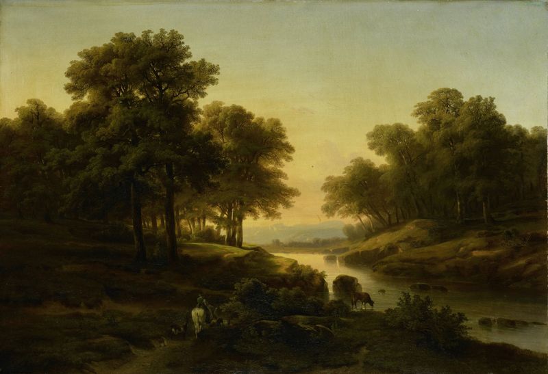 Paisagem de Alexandre Calame, pintura a óleo que retrata colinas e um céu sereno.