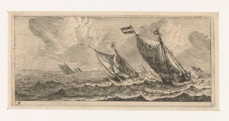 Gravura de Reinier Nooms mostrando um navio navegando em mares agitados